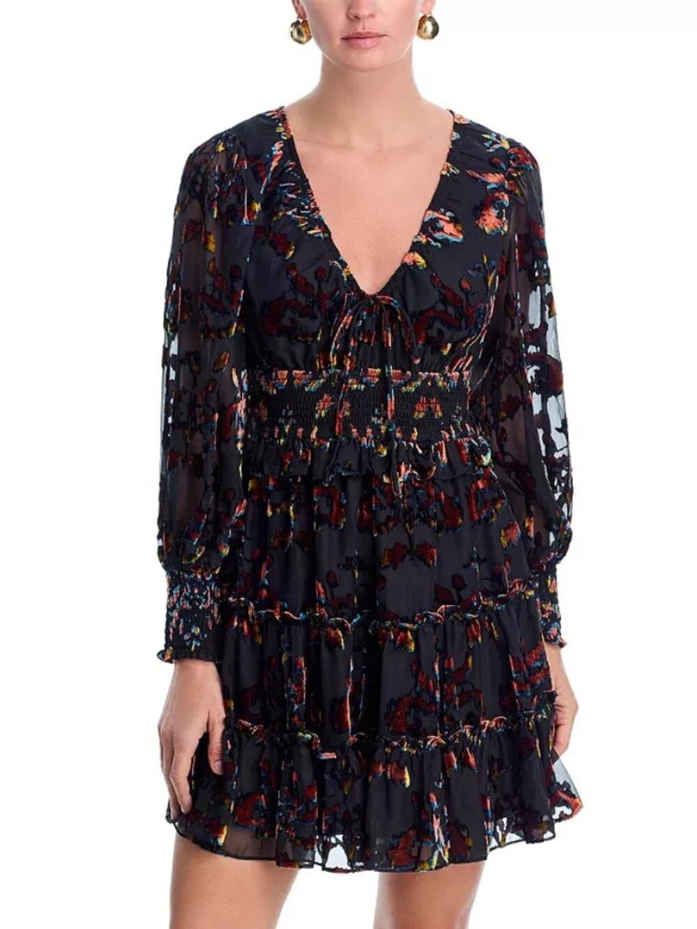 Bloomingdale's AQUA Velvet Burnout Mini Dress Exclusive Goth Tie Dye Smocked